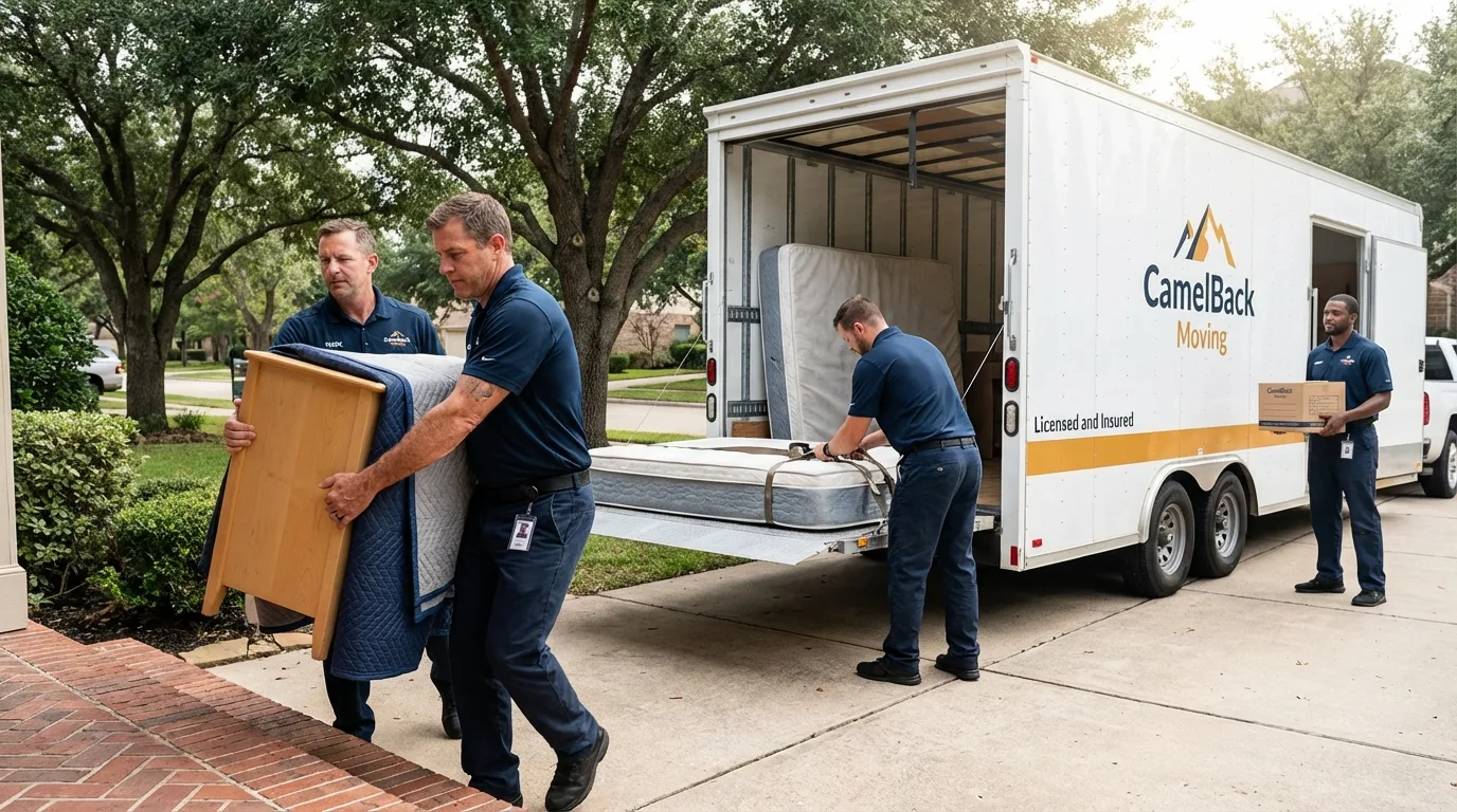 Crew loading residential truck for cross-state move from Prosper, TX