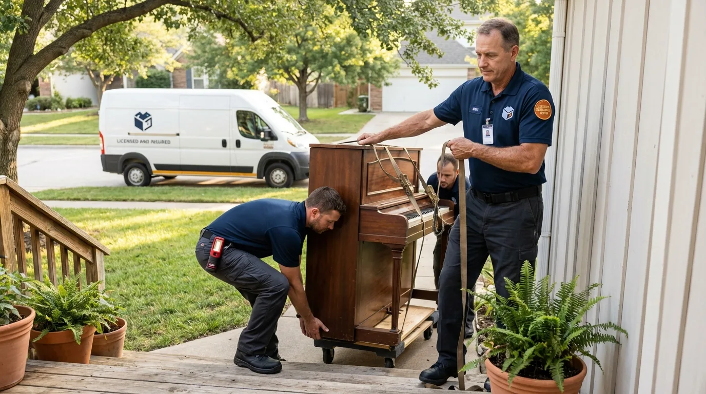 Licensed piano movers securing grand piano in Prosper, TX