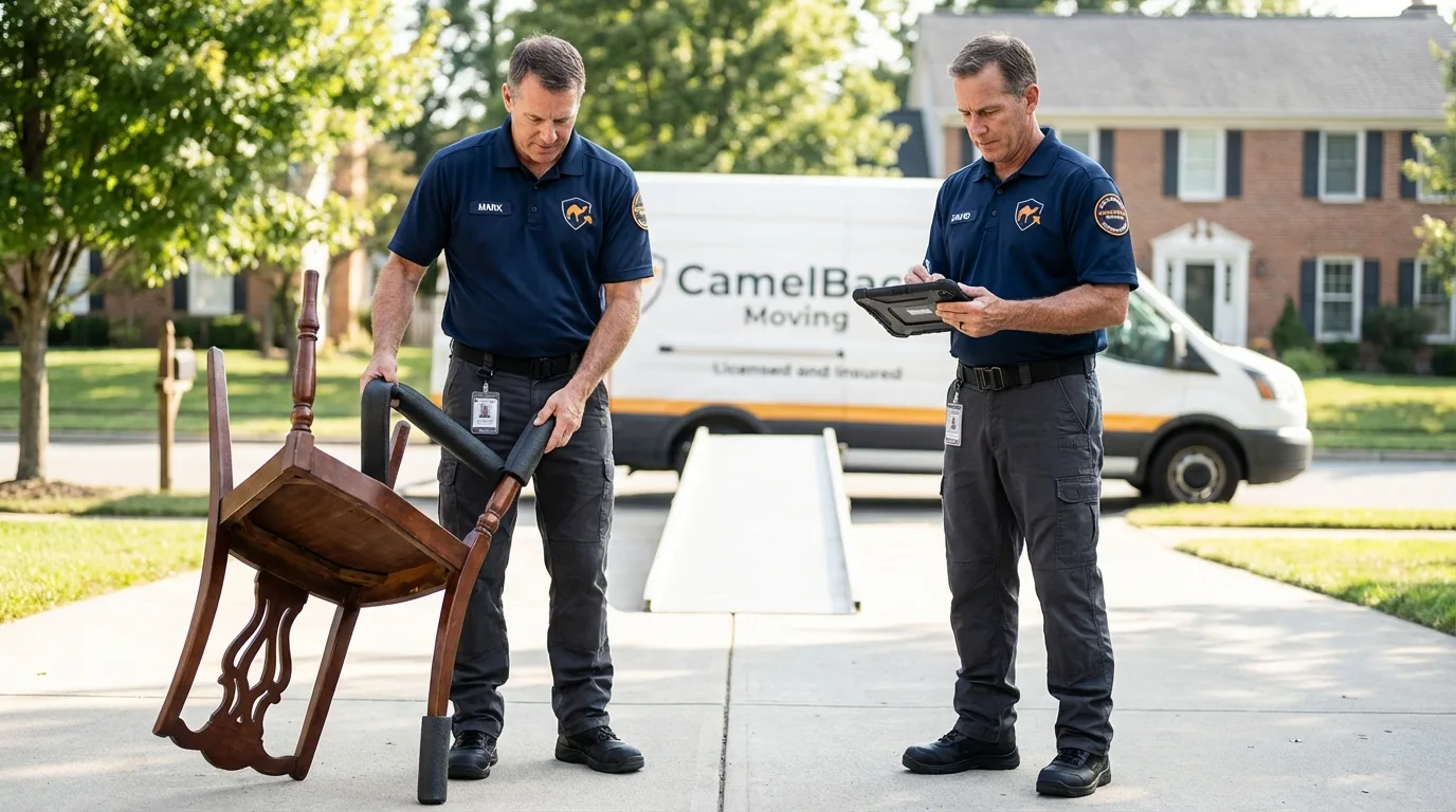 Movers inspecting furniture for damage prevention before loading in Prosper, TX