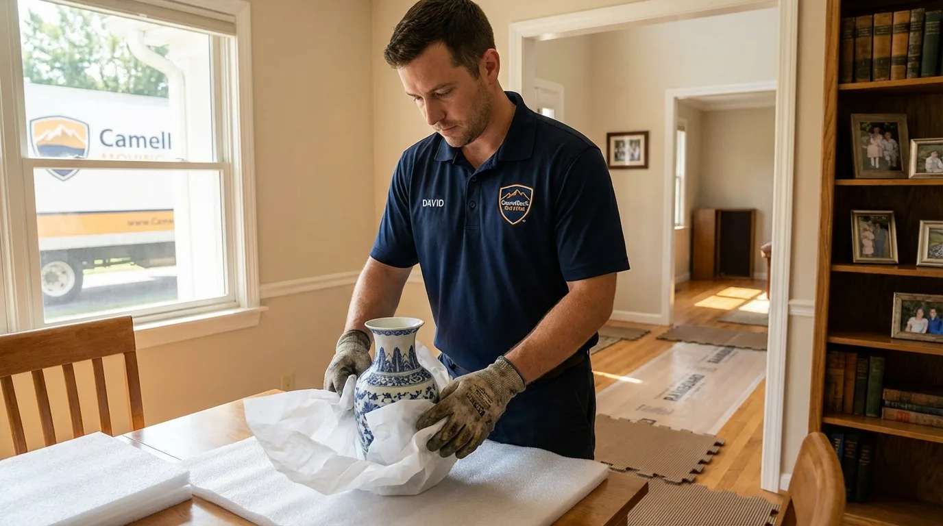 Professional crew carefully wrapping antique vase for senior downsizing move in Prosper, TX