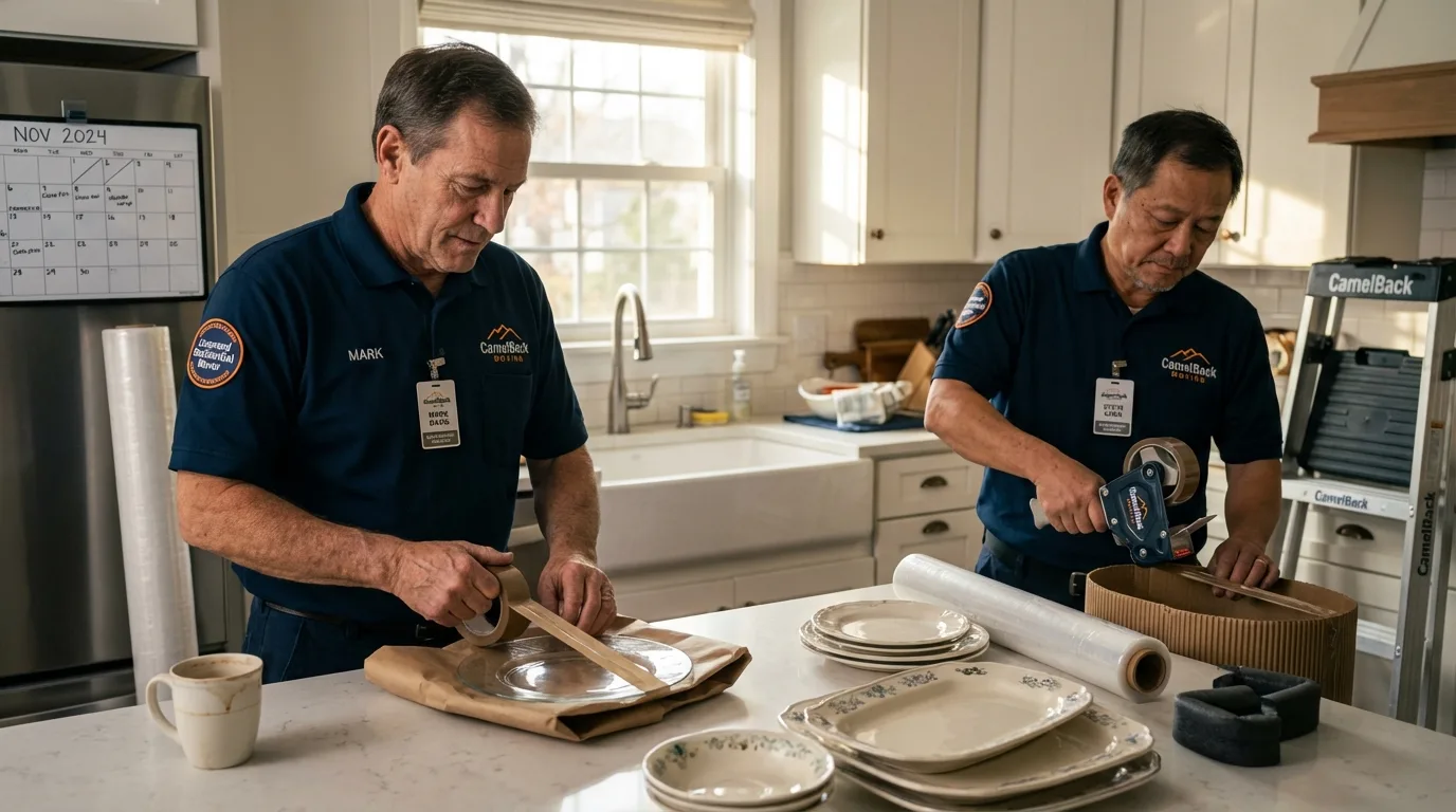 Professional crew packing kitchen dishware in Prosper, TX
